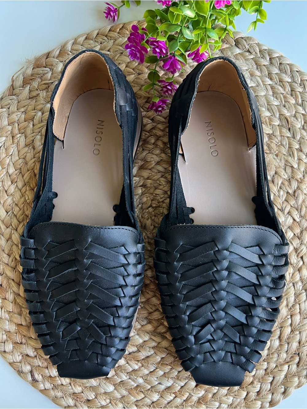 New Nisolo Handwoven Black Leather Huarache Sandals
